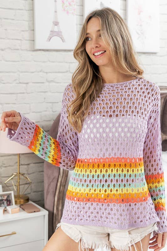 Rainbow Stripe Hollow Out Crochet Top: Lavender