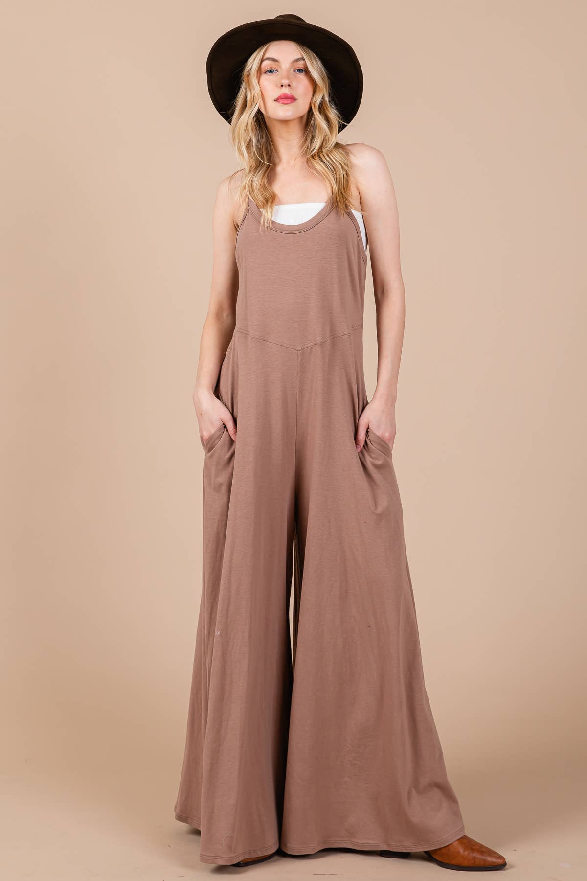 Solid Wide Leg Knit Jumpsuit MOCHA