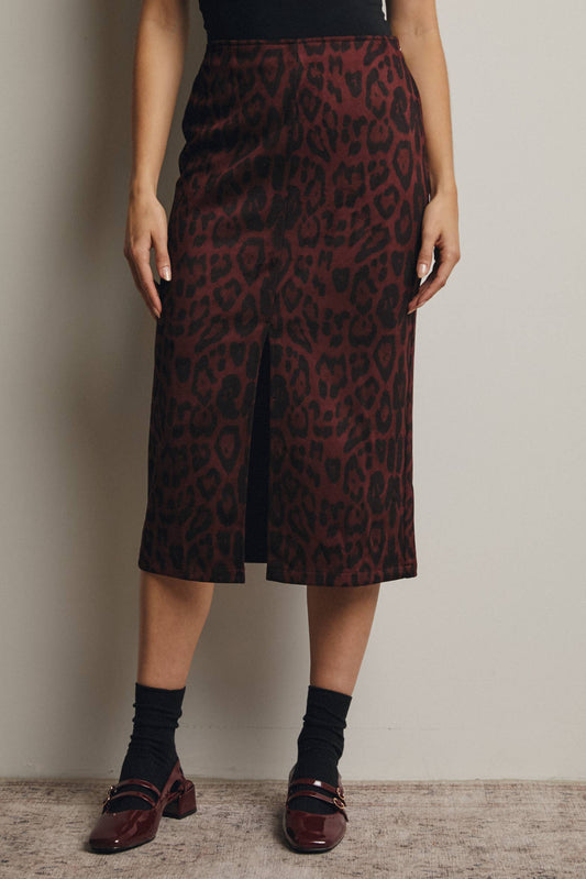 Leopard Print Burgundy Front Slit Midi Skirt - S