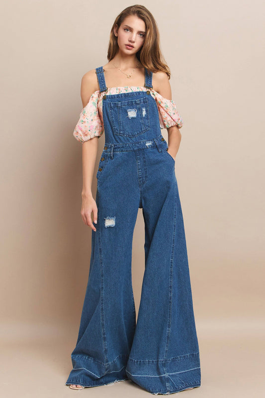 WIDE LEG DISTRESSED DENIM OVERALLS 4429RIAMID DENIM: MID DEN / L