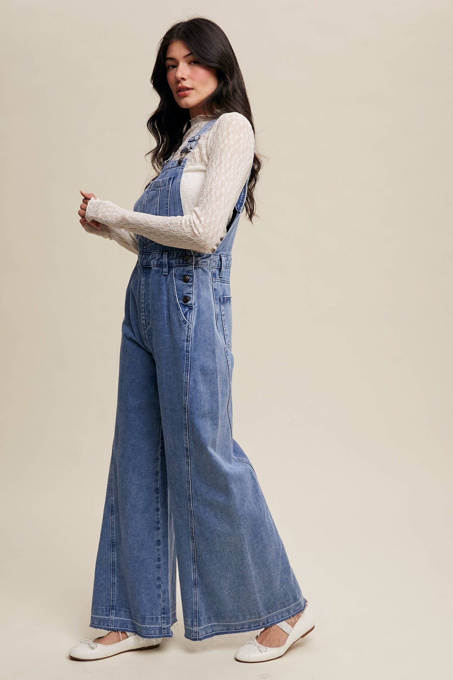 Wide-Leg Denim Overalls: Light Denim / S,M,L,XL