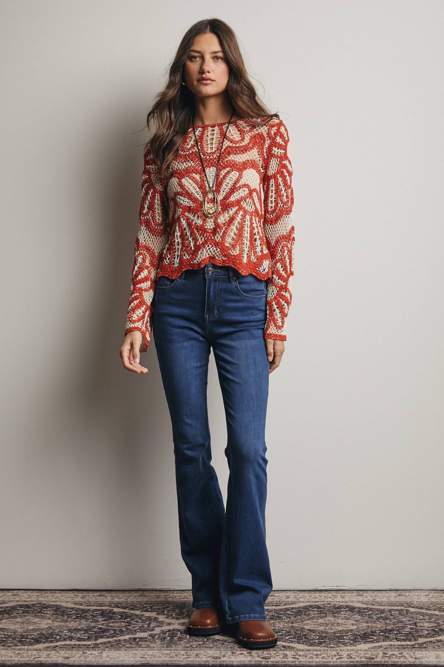 Crochet Floral Pattern Sweater: Rust / Contemporary / L