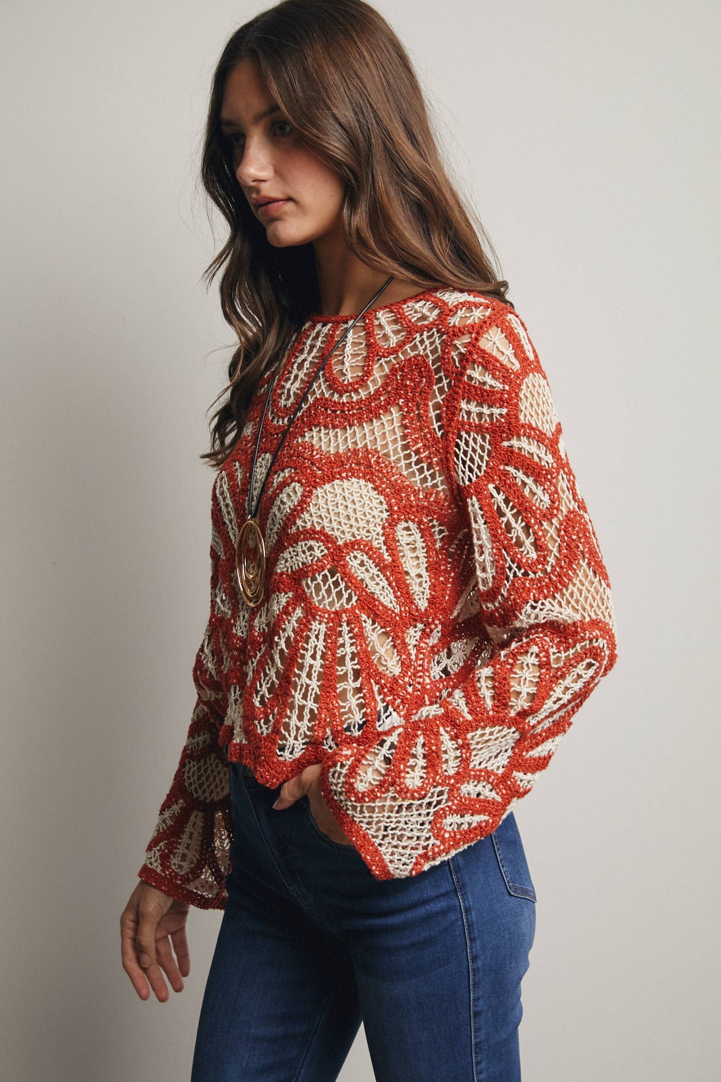 Crochet Floral Pattern Sweater: Rust / Contemporary / L