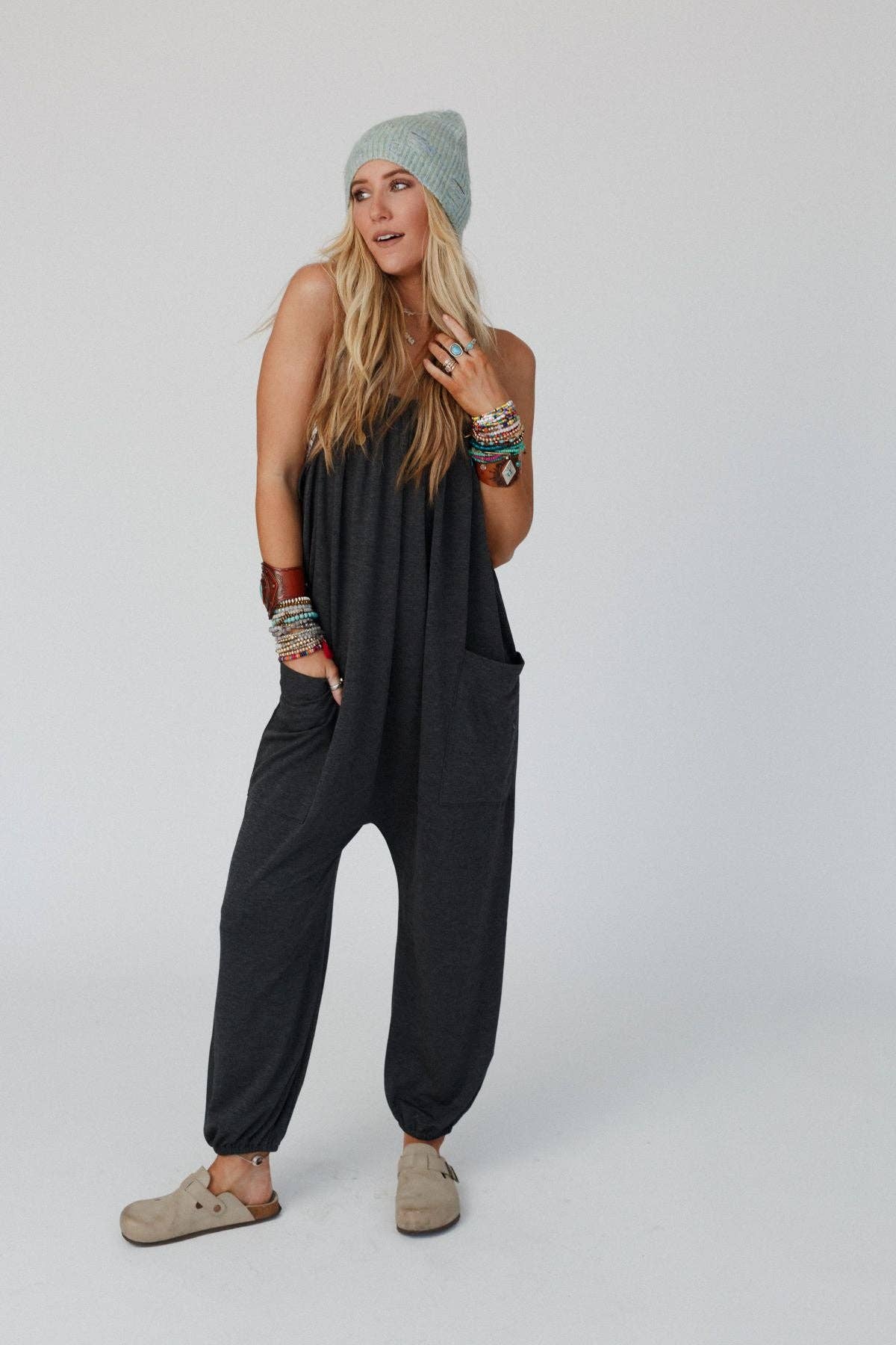 Comfort Zone Pocketed Jumpsuit - Charcoal: XL