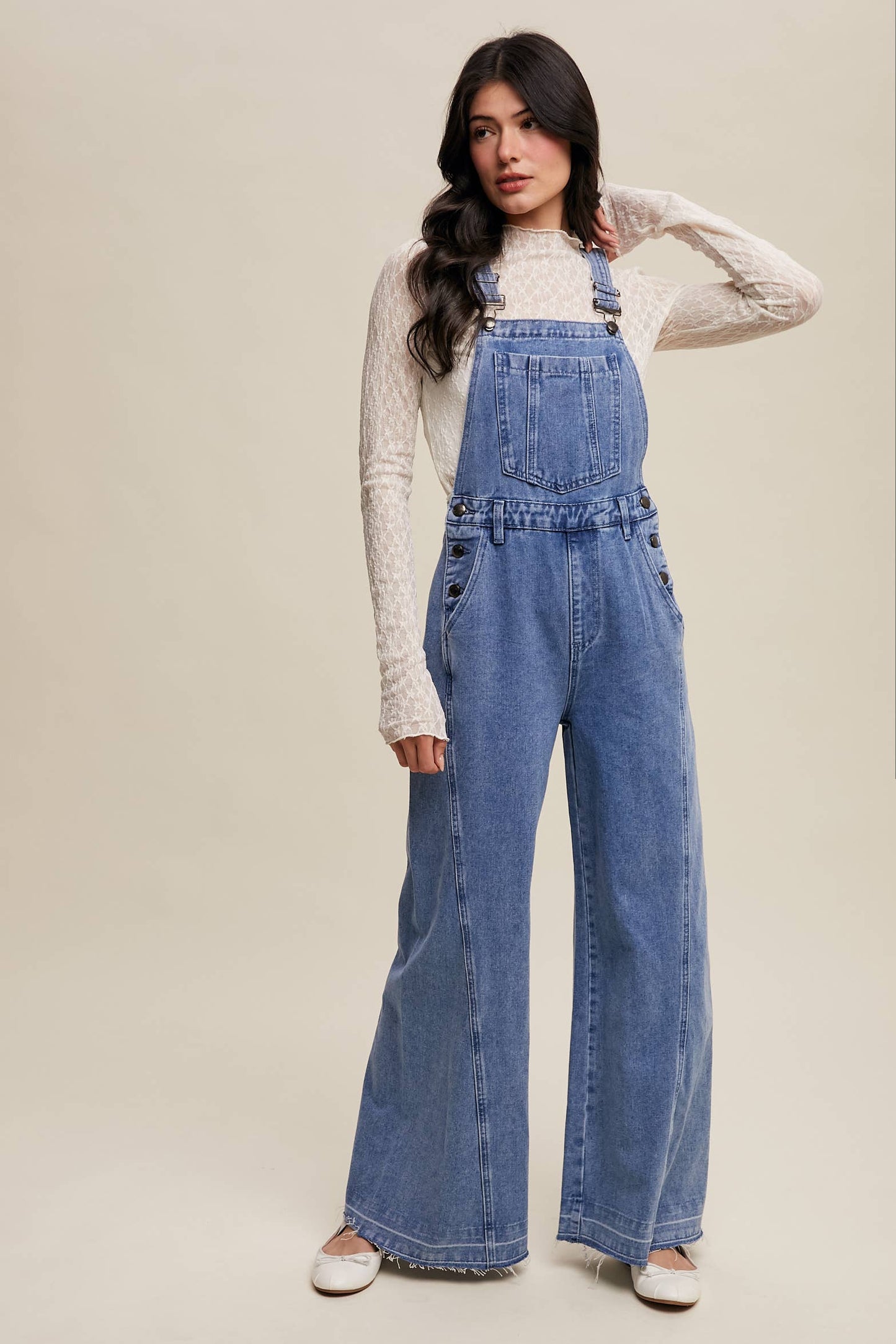 Wide-Leg Denim Overalls: Light Denim / S,M,L,XL