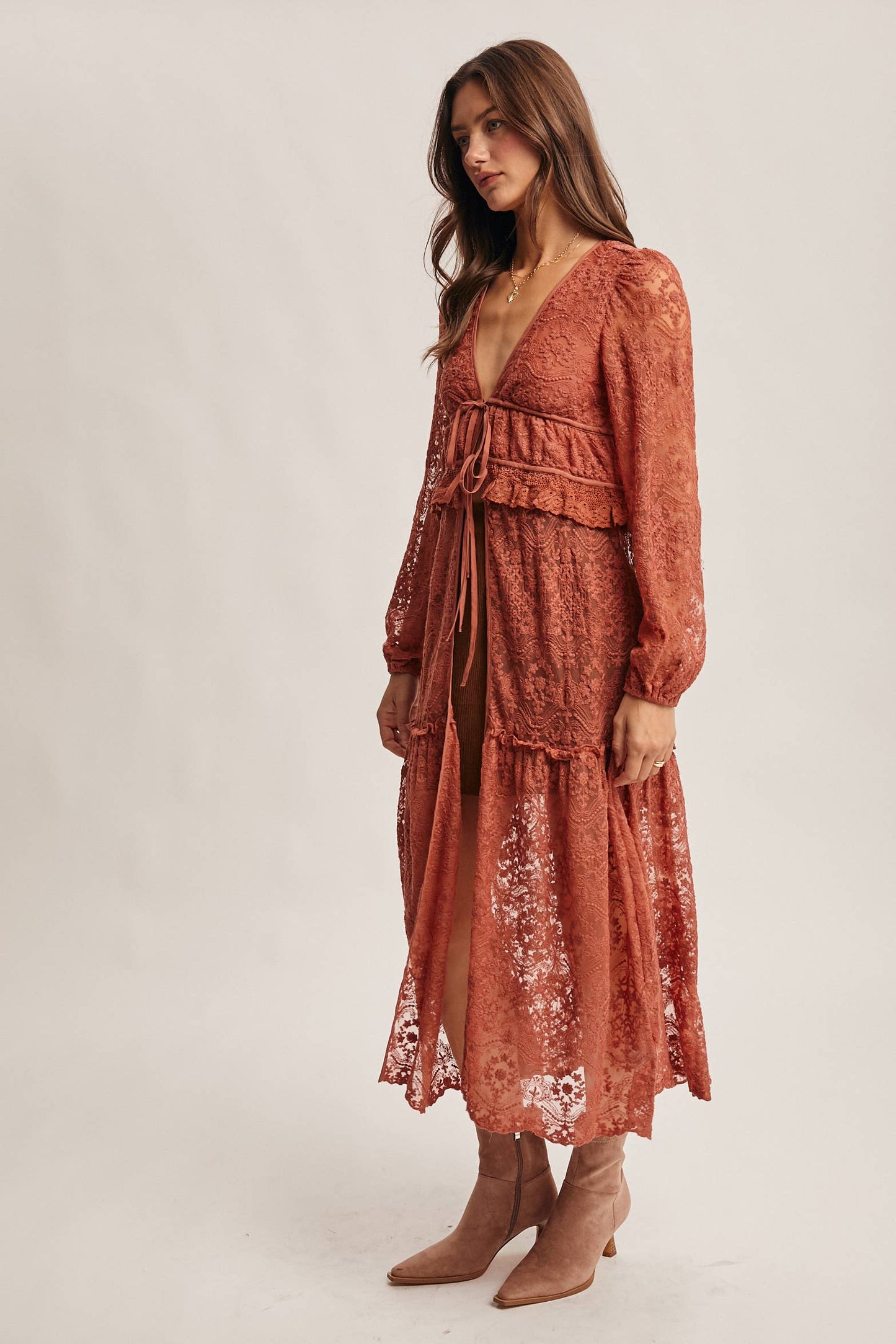 Lace Ruffle Maxi Duster FJ0003: Terracotta / Contemporary / L