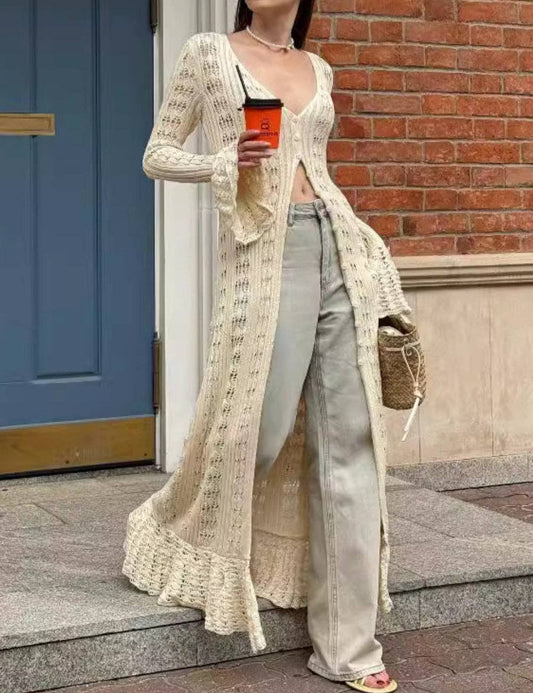 Ladies Eyelet Ruffle Hem Sweater Dress  SKT41062: Apricot / S