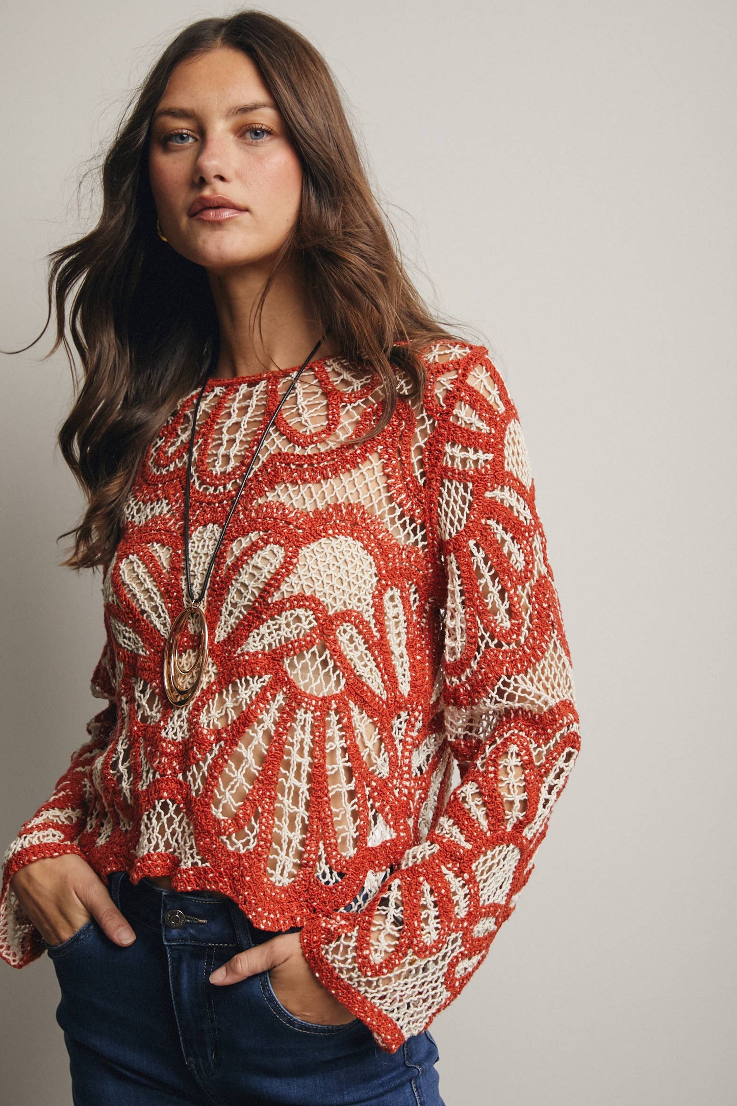 Crochet Floral Pattern Sweater: Rust / Contemporary / L