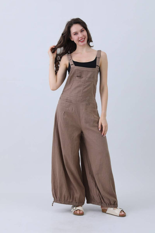 Natural Linen Jumpsuit for Women – Adjustable Wide Leg Adjustable Cuffs: Mocha / L