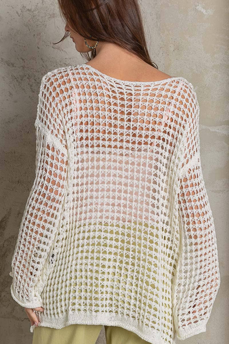 Dropped Shoulder Open Knit Boat Neck Sweater Top: CLEAR SKY / M