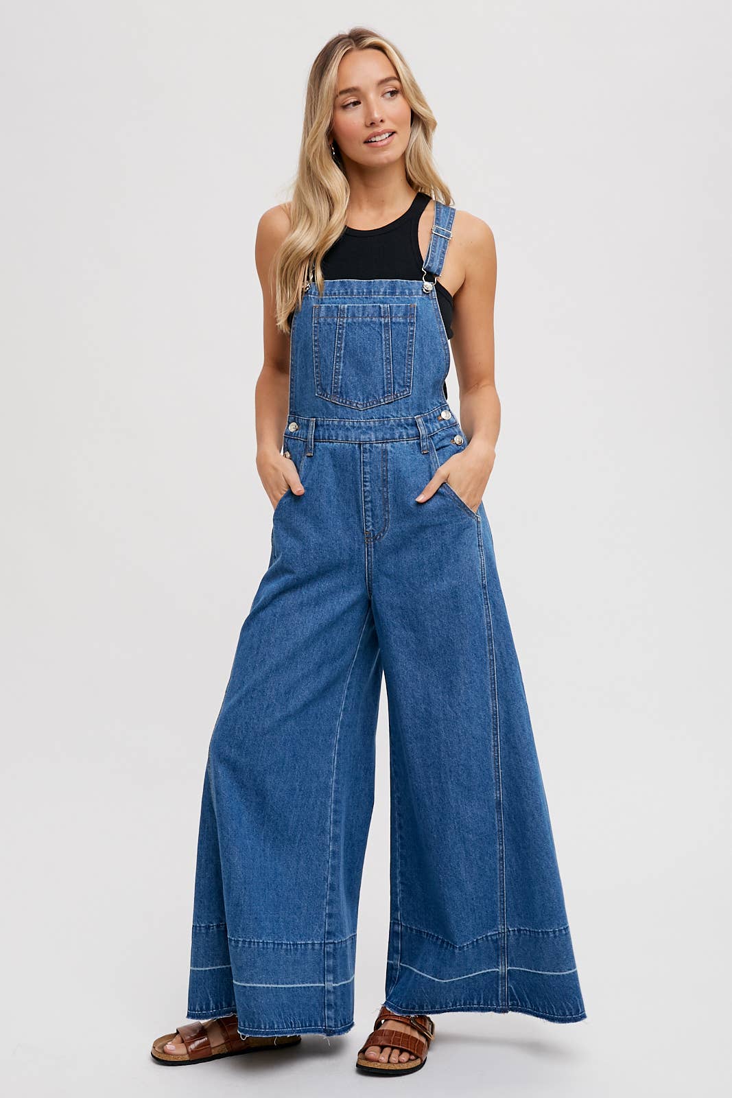 DENIM WIDE LEGS OVERALLS: MED.WASH / M