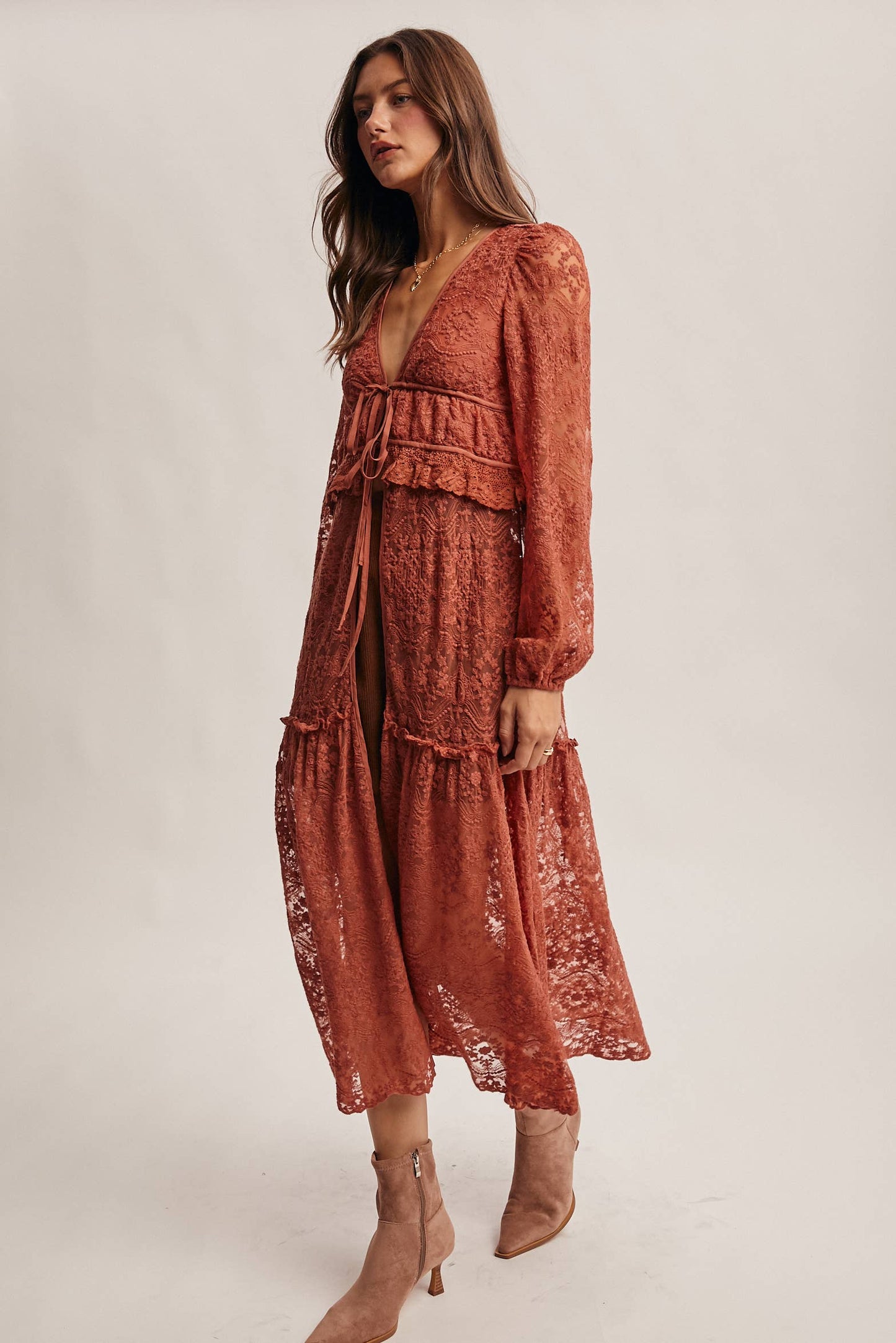 Lace Ruffle Maxi Duster FJ0003: Terracotta / Contemporary / L