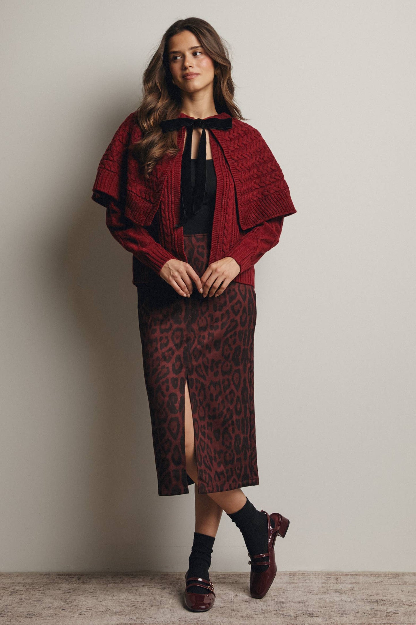 Leopard Print Burgundy Front Slit Midi Skirt - L