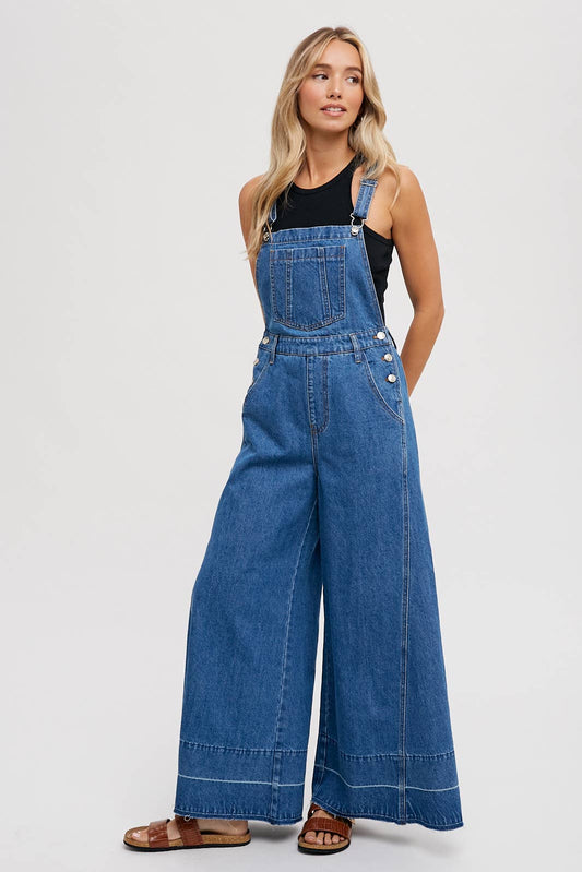 DENIM WIDE LEGS OVERALLS: MED.WASH / L